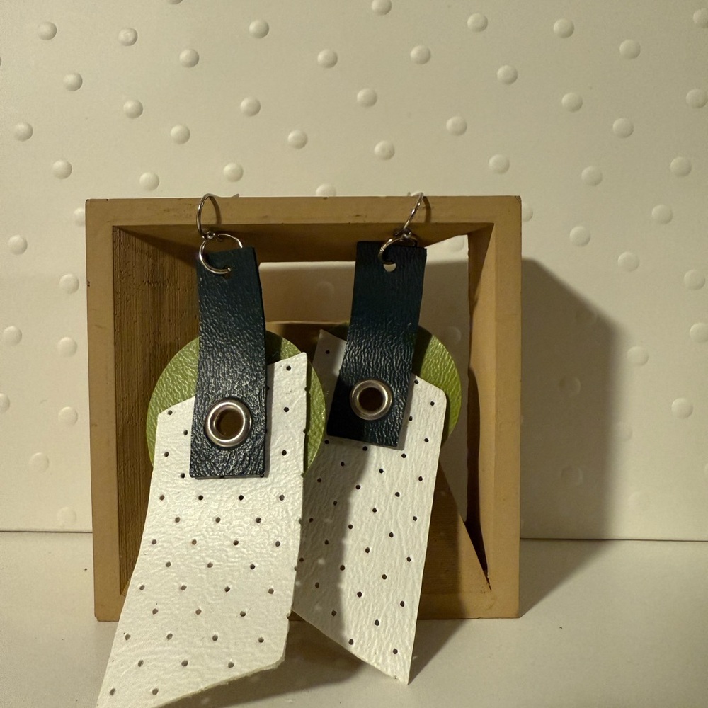 Green and White Leather Earrings